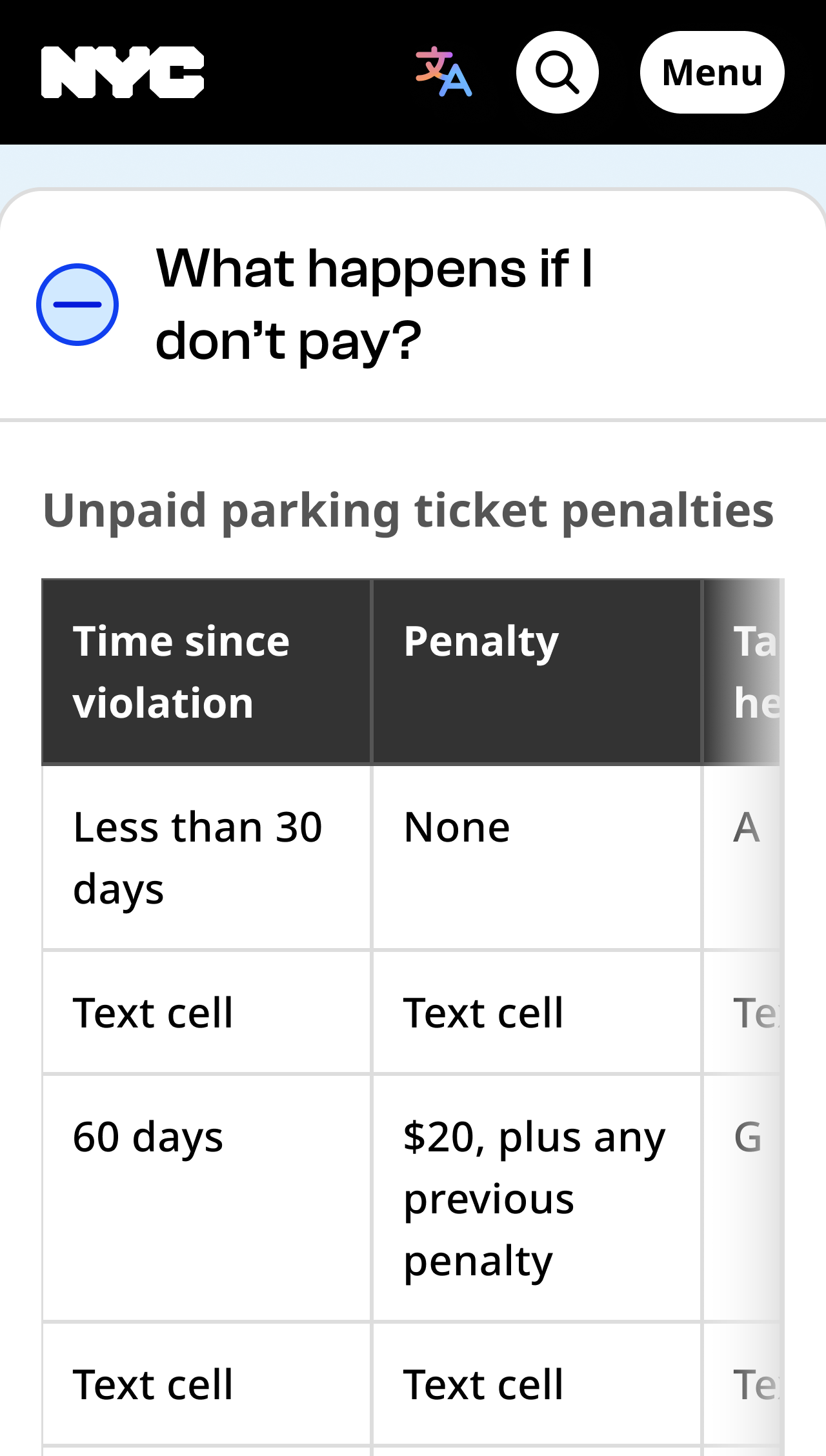 Mobile nyc.gov screenshot showing a table inside an accordion. The first column is wide enough so that the text "Time since violation" fits well on two lines.